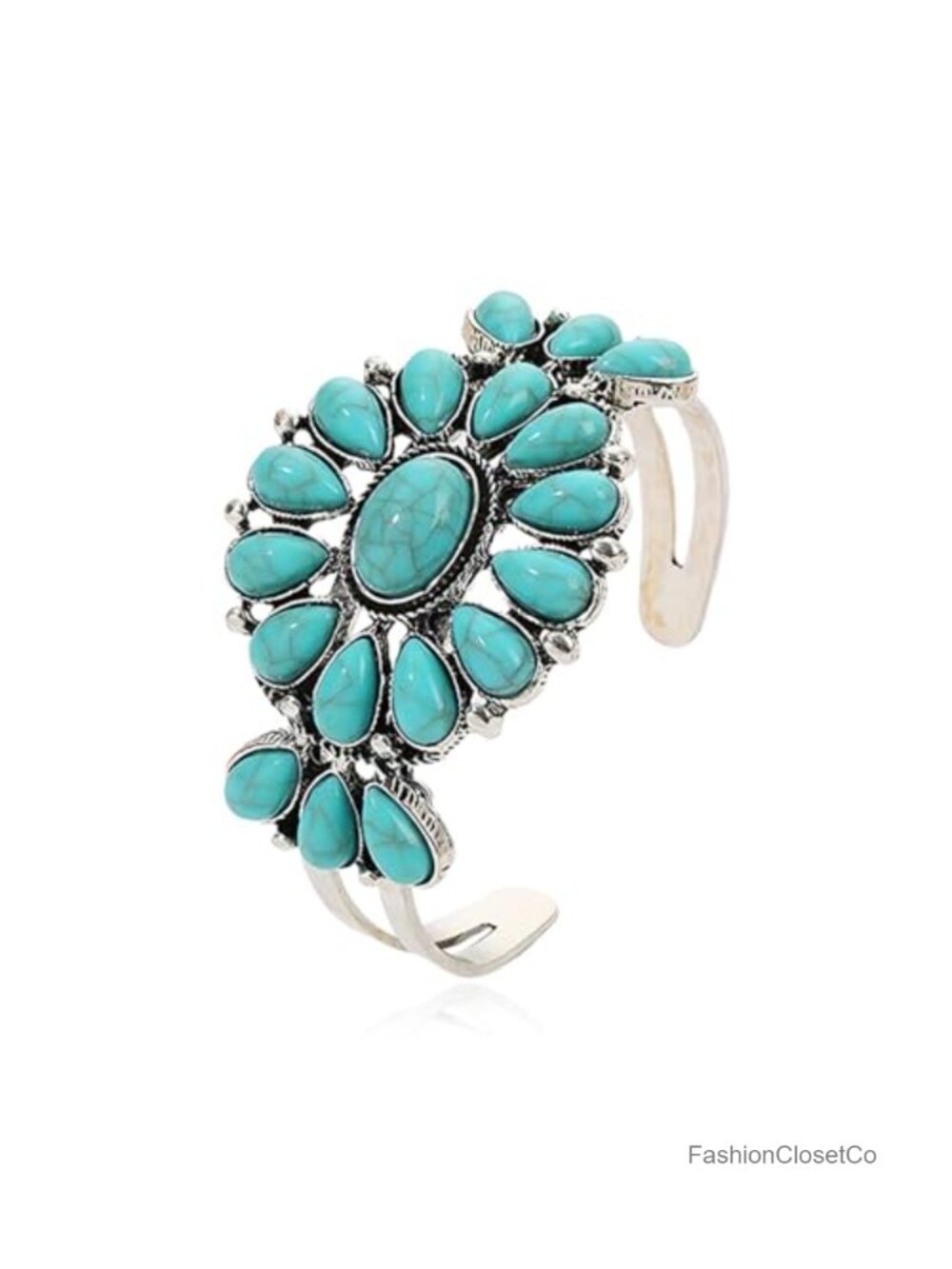 Turquoise Flower Cuff Bracelet Western Cowgirl Boho Wrap Bangle Silver Geometric